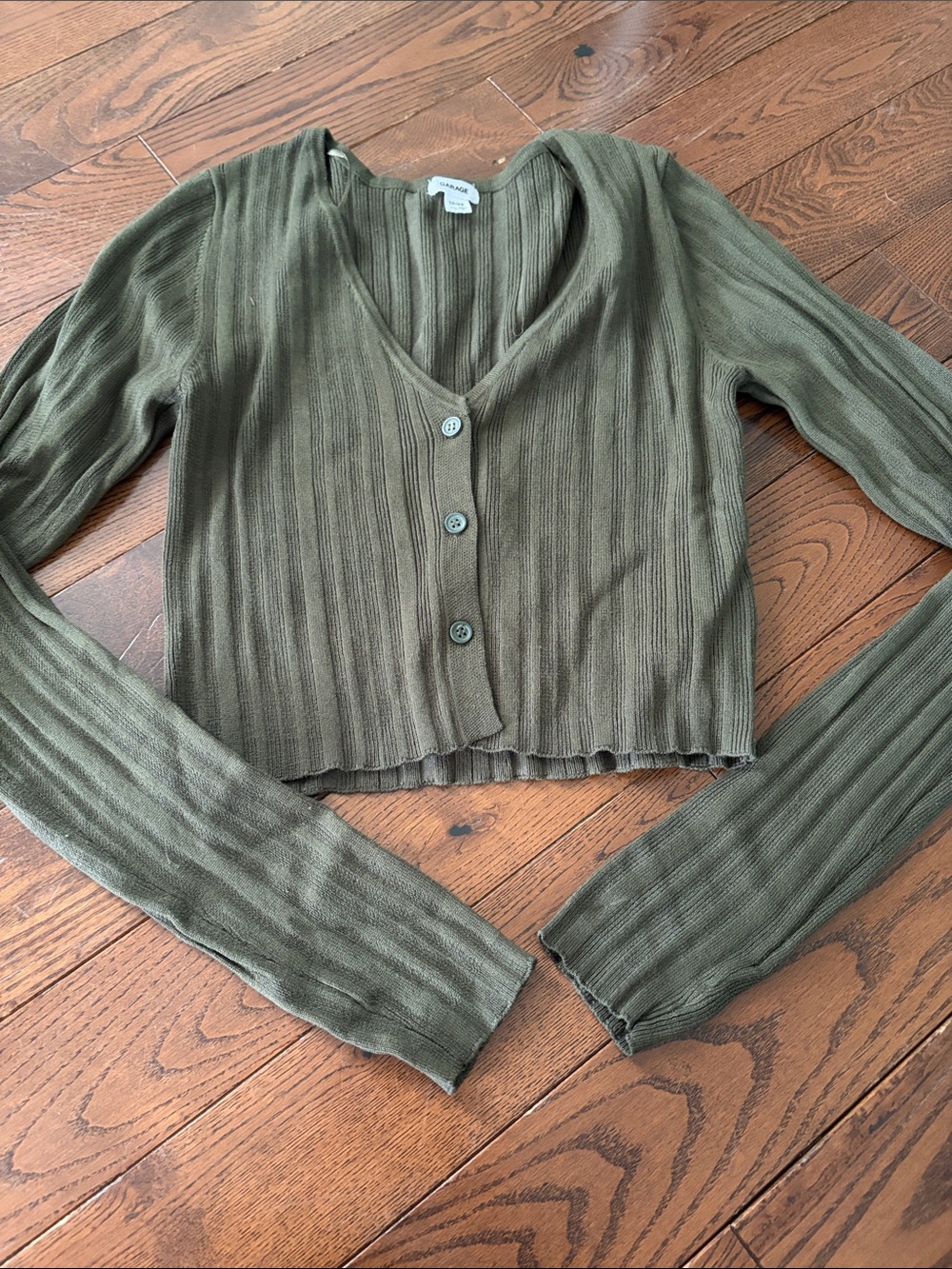 Garage Olive Ribbed Cropped Button Cardigan